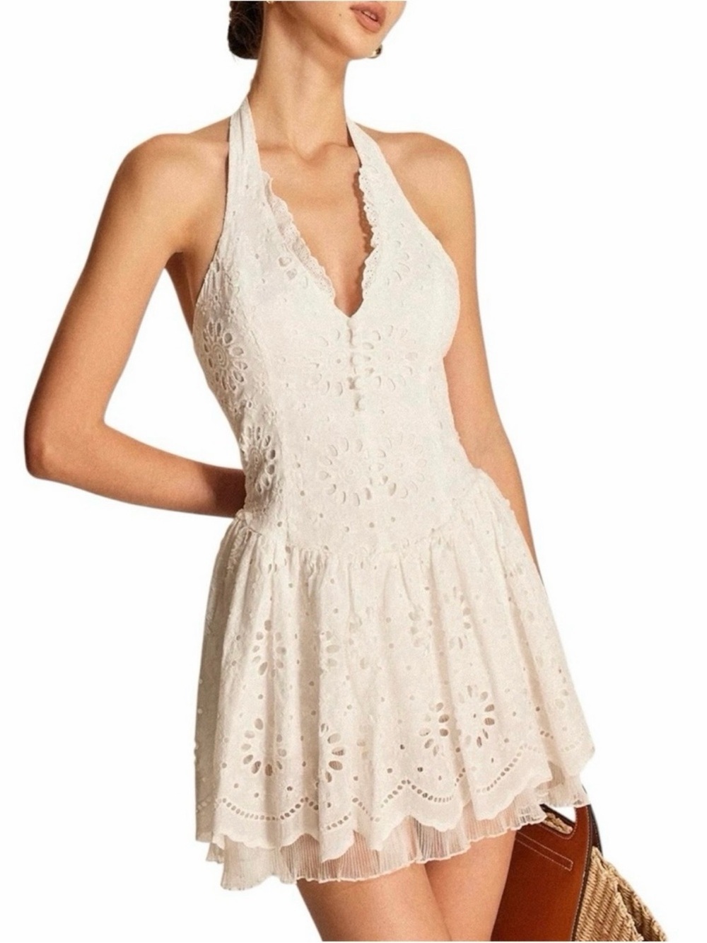 Commense 100% Cotton Halter Eyelet Lace Mini Dress White Small NWT Open Back